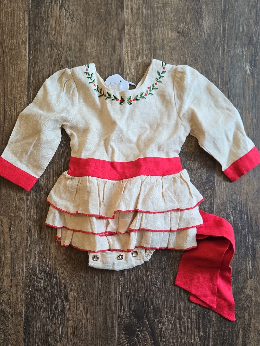 Beige and Red Ruffle One-Piece with Embroidered Neckline